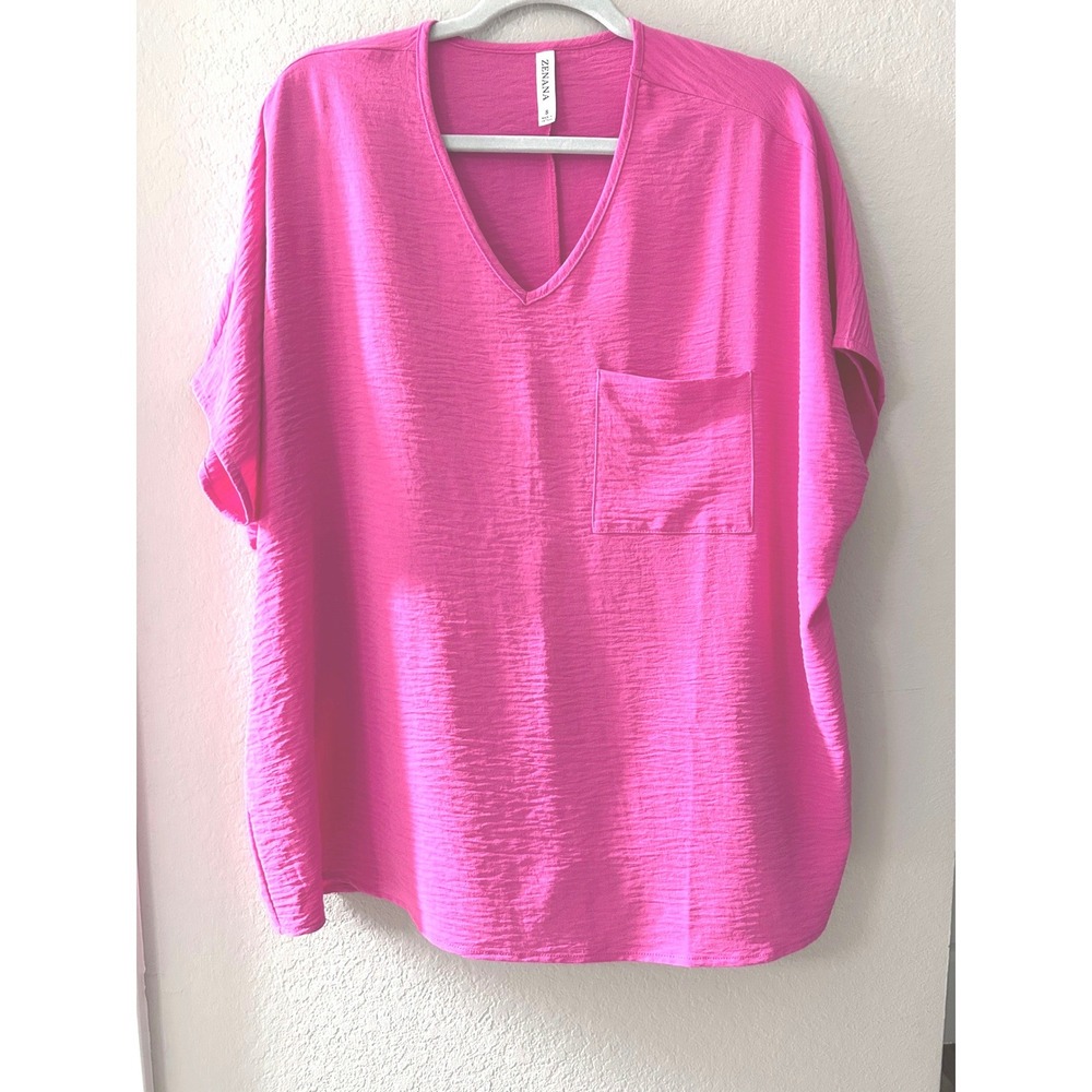 Zenana Women Hot Pink V-Neck Oversized Pocket Blouse QT-2740D4 Small